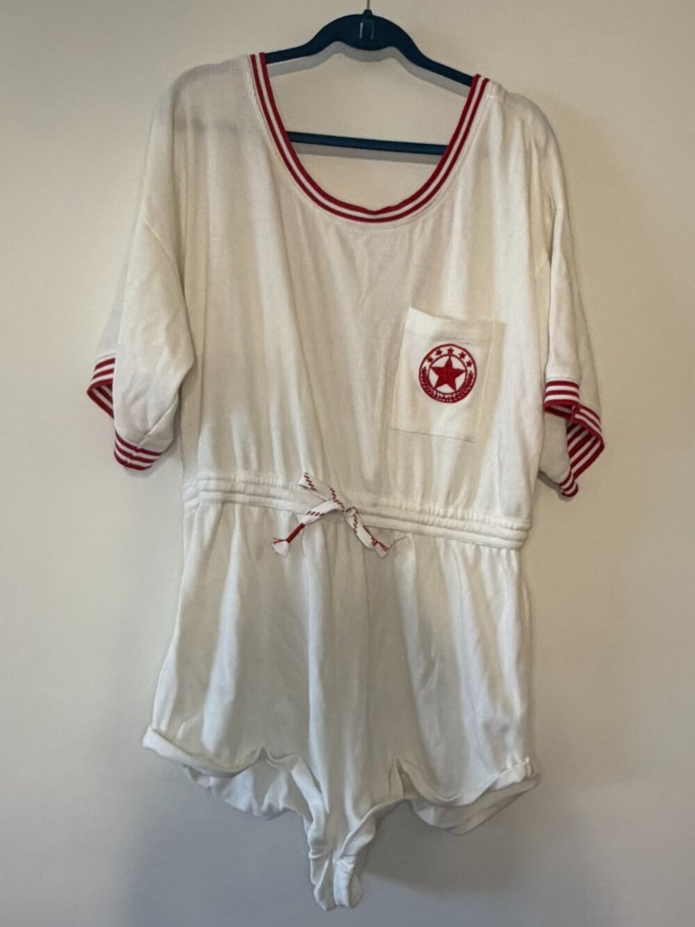 Anthropologie White Waffle Knit Varsity Romper Size L